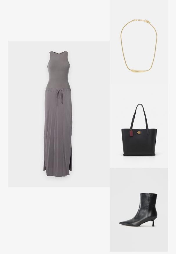 Šedé maxi šaty bez rukávů, přiléhavý korzet, pás na stažení, splývavá tkanina s bočními rozparky, hladká textura, jednoduchý design.; Černá kožená kotníková bota s špičatou špičkou, zužující silueta a štíhlým, geometrickým podpatkem. Hladká textura, minimalistický design.; Černá kožená taška přes rameno s dvěma dlouhými ucha, texturovaný povrch, zlaté kovové detaily a vínová etiketa. Prostorný design s otevřeným vrchem.; Zlatem pokovený náhrdelník s hladkým, zakřiveným centrálním akcentem. Disponuje flexibilním řetízkem s karabinovým zapínáním a dodatečnými nastavitelnými články řetězu.