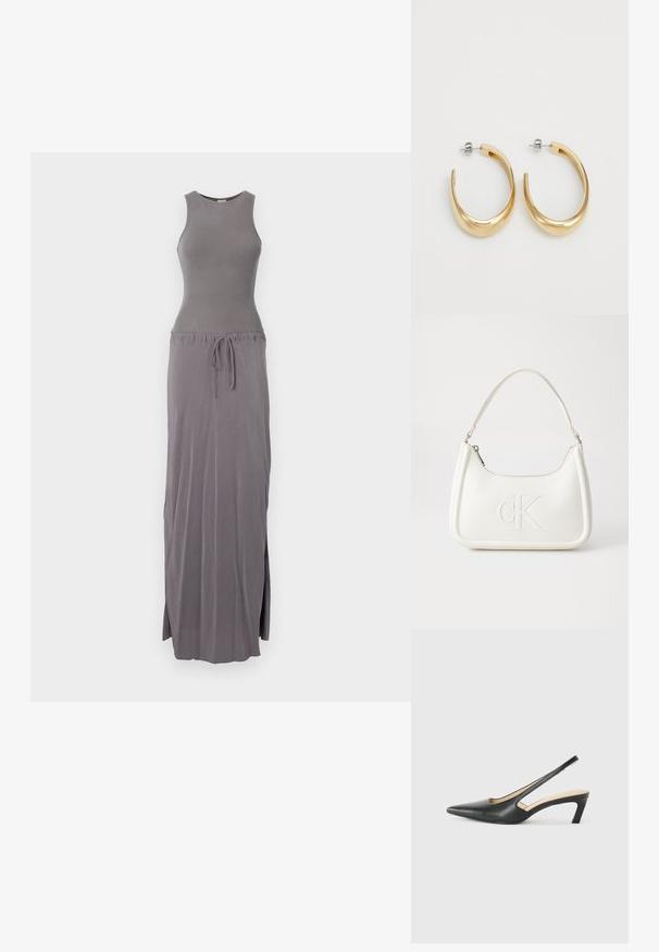 Pilkos spalvos be rankovių maksi suknelė, prigludusi liemeniui, su raišteliu juosmenyje, laisvai krintanti medžiaga su šoninėmis įpjovomis, lygi tekstūra, paprastas dizainas.; Juodas smailus slingback batelis su žemu kulnu, pagamintas iš lygaus odos paviršiaus ir su išpjovomis šone, užtikrinančiomis oro pralaidumą.; Balta odinė rankinė su išlenkta forma, su reljefiniu "CK" logotipu priekyje ir viena petneša. Užtrauktuko uždarymas viršuje.; Auksinės spalvos apyrankės auskarai su glotnia, kreiva forma. Pagaminti iš metalo, turintys elegantišką apdailą ir užsegimą su smeigėle.