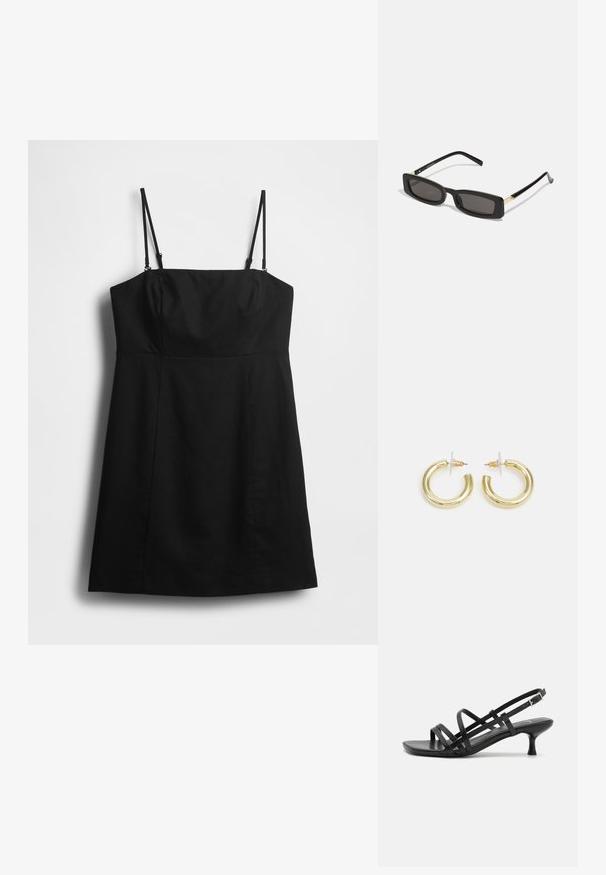 Čierne šaty s tenkými, nastaviteľnými ramienkami, priliehavým živôtikom a rozšírenou sukňou. Vyrobené z hladkej látky s čistým, minimalistickým dizajnom.; Čierne sandále na podpätku s viacerými prekríženými remienkami. Hladký materiál, špicatá špička a úzky podpätok. Nastaviteľný remienok okolo členka s prackou.; Čierne obdĺžnikové slnečné okuliare s tmavými šošovkami, lesklými plastovými rámami a zlatými akcentmi na spánkoch. Minimalistický dizajn a štíhly tvar.; Zlaté kruhové náušnice s hladkým, lesklým povrchom. Cirkulárny dizajn s malým steblom a jasným záznamom pre bezpečné nosenie.