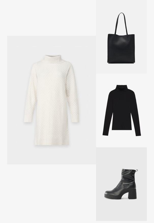 Vestido de malha de cor creme com colarinho alto, apresentando um padrão em diamante texturizado e mangas longas, finalizado com punhos e barra canelados.; Top de gola alta de manga longa, preto, feito de tecido canelado, apresenta um design justo com um decote elevado e sem padrões ou detalhes.; Botas de tornozelo pretas feitas de couro liso, com fecho lateral, salto grosso texturizado e design de bico arredondado.; Bolsa tote preta em couro com textura lisa, forma retangular e duas alças longas. Sem hardware ou enfeites visíveis.