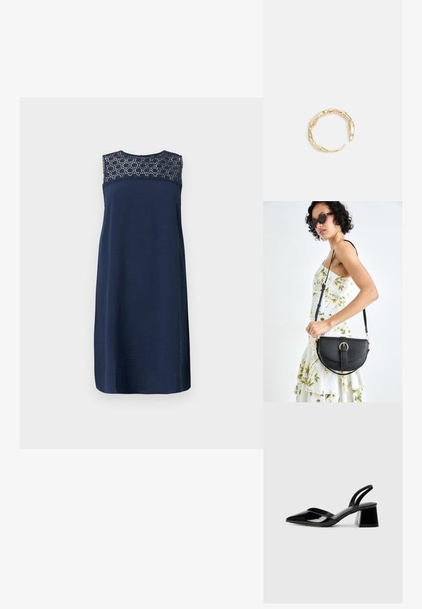 Mörkblå ärmlös klänning med en strukturerad kropp och spetsdetaljer vid halsringningen. Rakt skuren, knälång design med en slät finish.; Svarta lackläder slingback klackar med spetsig tå och geometrisk klack. Har en elegant, minimalistisk design och slät yta.; Svart läderhandväska med en böjd form, avtagbar rem och guldiga detaljer. Väskan har ett lock med en spänndetalj.; Ring i guldutförande med en organisk, vriden design, slät yta och avsmalnande ändar, vilket ger ett modernt, skulpturalt utseende.