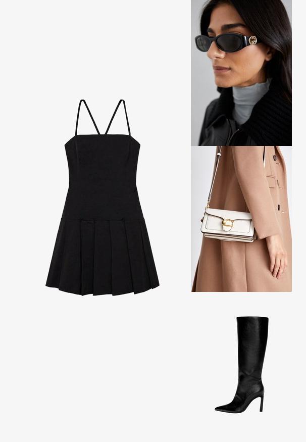 Crna haljina bez rukava s prilagođenim korzetom, tankim naramenicama i raširenim, nabranim suknjom. Izrađena od glatkog, laganog materijala.; Čizme od crne kože do koljena s šiljastim vrhom, visokim štiklama, glatkom finišom i jednostavnim, elegantnim dizajnom bez ukrasa.; Crne sunčane naočale sa elegantnim pravokutnim okvirom i zlatnim logotipom na strani. Tamna stakla i sjajni finiš su istaknuti.; Bijela kožna torba na preklop s zlatnom kopčom, s izrađenim dizajnom, kontrastnim rubovima i tankim podešivim remenom.