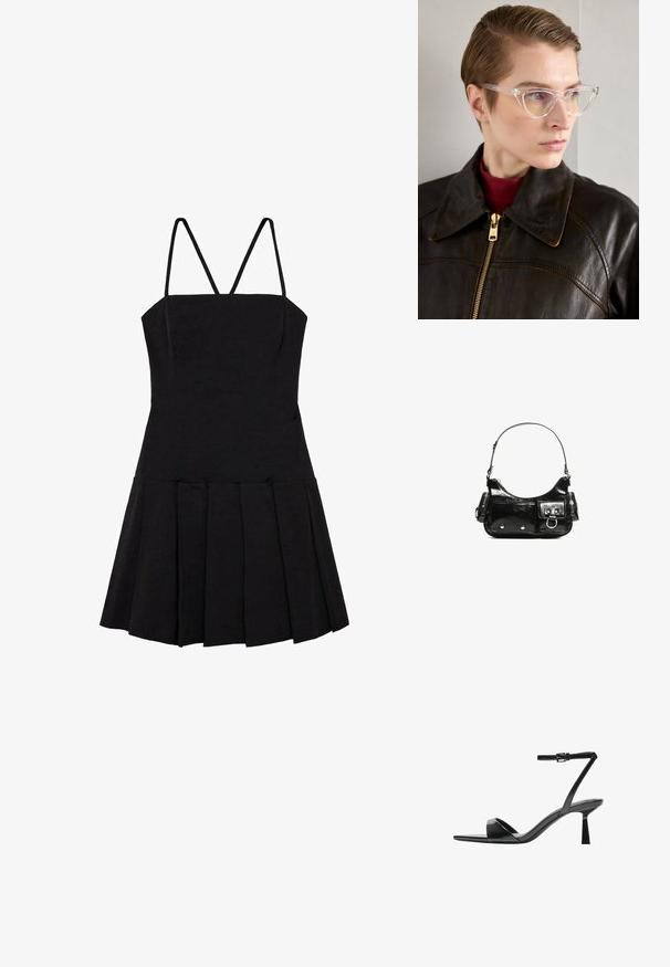 Rochie neagră fără mâneci, cu un corp ajustat, bretele subțiri și o fustă evazată, pliată. Fabricată dintr-un material neted, ușor.; Bershka Sandale cu toc - black; Ochelari cat-eye din acetat transparent, cu lentile galbene, purtați de o persoană într-o jachetă din piele neagră și un pulover roșu. Textură netedă.; Geantă de mână din piele lăcuită neagră, cu o formă curbată, un umăr, buzunare frontale și accente din metal argintiu.