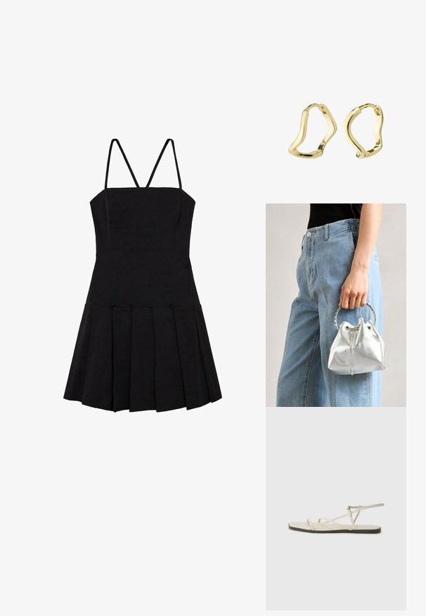 Čierne šatôčky bez rukávov s priliehavým telom, tenkými ramienkami a rozšírenou, skladanou sukňou. Vyrobené z hladkej, ľahkej látky.; Béžové ploché sandále s viacerými štíhlymi popruhmi a nastaviteľnou prackou. Podrážka je plochá s jemným tmavým kontrastom na okraji.; Metalická strieborná kabelka s textúrovaným povrchom, zdobená striebornou okrúhlou rukoväťou a uzáverom na šnúrku, držiaca sa pred svetlo modrými džínsami.; Zlaté kruhové náušnice s plynulým, vlnitým dizajnom. Hladký povrch, otvorený tvar a žiadne viditeľné uzávery. Minimalistický a moderný vzhľad.