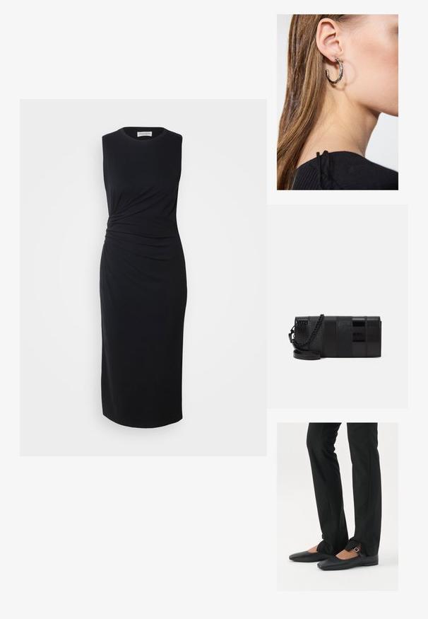 Marc O'Polo DRESS MIDI LENGTH GATHERING AT WAIST - Enostavna obleka - black; Črne usnjene balerinke s koničastim nosom, trak z srebrno zaponko, v kombinaciji s črnimi elegantnimi hlačami z razporkom na robu.; Črna torbica za dodatke z mešanico sijajnih, teksturiranih panelov in verižnim trakom. Pravokotna oblika s gladko površino in subtilnimi akcenti.; Srebrna obročasta uhana s polirano površino, ki vključuje majhne zlate poudarke in okroglo obliko, nošena na ušesnem lobu.