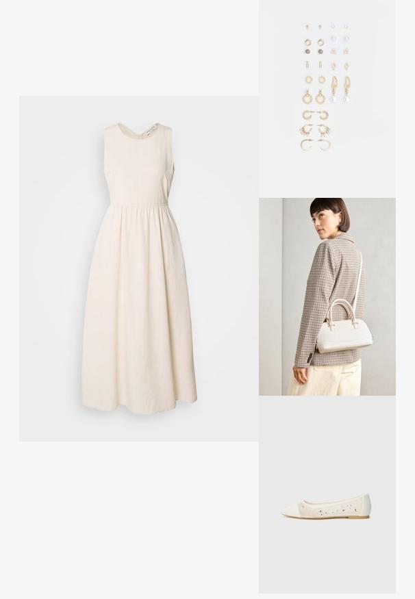 Rankovės neturinti, kreminės spalvos suknelė, pagaminta iš lengvos medžiagos, su V formos iškirpte, susiaurinta juosmenyje ir plazdančiu, iki kulkšnių siekiančiu sijonu.; Kreminės odos balerinos bateliai su skaidriu viršumi, dekoruoti išsibarsčiusiais kristalais. Minkštas padas užtikrina komfortą, minimalistinis dizainas.; Balta struktūruota rankinė su trumpomis rankenomis ir peties diržu, su auksinėmis detalėmis ir tekstūruota medžiaga, pastatyta prieš pilką foną.; Auksiniai auskarai su įvairiais dizainais, įskaitant studus, žiedus ir kabančius modelius su perlų ir kristalų akcentais.