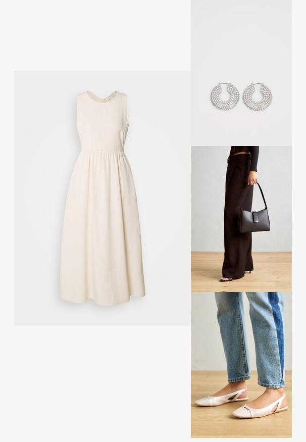 Soevaba, kreemikas kleit, mis on valmistatud kerge kangaga, V-kaelusega, rõhutatud taljega ja voolava, pahkluuni ulatuva seelikuosaga.; Kahvatu roosa slingback lapikute jalatsite paar, millel on terav varvas, valmistatud siledast nahataolisest materjalist. Omab külgedel lõikekohti ja lapikut kontsa.; Must musta kott, millel on struktureeritud kuju, sile tekstuur ja metallist klamber. Kombineeritud laiate mustade pükstega ja avatud varvaste sandaalidega puidust põrandal.; Hõbedased rõngaskõrvarõngad, millel on mitmeid selgeid kristallitoot.