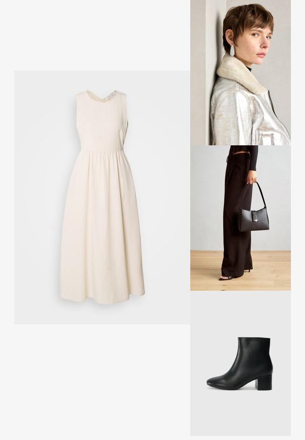 Vestido sem mangas, de cor creme, feito de um tecido leve, com decote em V, cintura ajustada e uma saia fluida até os tornozelos.; Botas de tornozelo em pele preta com bico pontiagudo e um salto robusto. Textura suave com acentos mínimos e um design ajustado e elegante.; Bolsa preta com forma estruturada, textura suave e um fecho metálico. Combinada com calças largas pretas e sandálias de salto aberto sobre um chão de madeira.; Jaqueta de couro metálica prateada com colarinho de peles, apresentando um fecho em zip e uma superfície texturizada. Brincos grandes em forma de gota com pedras preciosas transparentes.