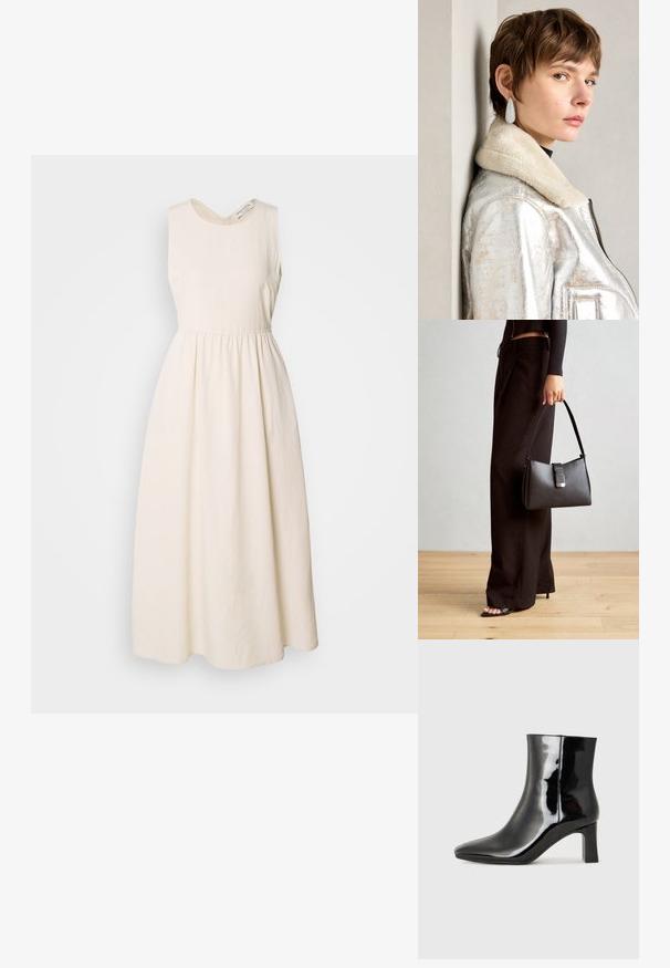 Ermeløs, kremfarget kjole laget av lett stoff, med V-hals, innsnurret midje og en flytende, ankellang skjørt.; Sorte patentlær ankle boot med spiss tå og en mellomhøy blokkhelt. Glatt tekstur og minimalistisk design.; Svart håndveske med strukturert form, jevn tekstur og metallisk lås. Kombinert med brede svarte bukser og sandaler med åpen tå på tregulv.; Sølvmetallisk lærjakke med lammeskinnskrage, med glidelås og strukturert overflate. Store dråpeformede øredobber med klare edelstener.