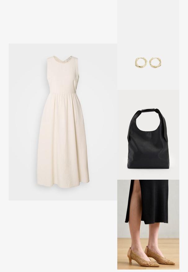 Haljina bez rukava, kremaste boje napravljena od lagane tkanine, s V-izrezom, skupljenim strukom i lepršavom suknjom do gležnjeva.; Cipele s oštrim nosom, obložene zlatnom mrežicom, bež kožnim stražnjim dijelom i malom petom, smještene na drvenom podu uz crnu rebrastu haljinu.; Crna kožna hobo torba s jednim mekanim, zaobljenim ručkom; karakterizira je glatka tekstura i minimalistički dizajn. Nema vidljivih hardverskih detalja ili akcenata.; Zlatne okrugle naušnice s teksturiranim, nepravilnim oblikom. Imaju nevidljivo zatvaranje i polirani završni sloj, što naglašava moderan dizajn.