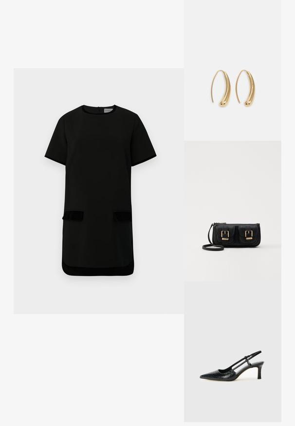 Μαύρο φόρεμα με κοντά μανίκια σε γραμμή A, με στρογγυλή λαιμόκοψη, δύο εμπρόσθιες τσέπες με καπάκι και βελούδινη διακόσμηση στις τσέπες και στο τελείωμα.; Μαύρη πατέντα σλινγκμπάκ γόβα με μυτερή μύτη, διαθέτει υφή από φίδι, ρυθμιζόμενο λουρί και κοντή, υφή τετράγωνη φτέρνα.; Μαύρη δερμάτινη τσάντα ώμου με δύο μπροστινές τσέπες, χρυσά κούμπωματα, κλείσιμο με φερμουάρ και λεπτό λουρί. Υφή επιφάνειας και κομψό ορθογώνιο σχήμα.; Χρυσές μεταλλικές σκουλαρίκια κρίκοι με καμπυλωτό, ελκυστικό σχήμα. Περιλαμβάνουν μια λεία, γυαλιστερή επιφάνεια και στρογγυλή άκρη για πρόσθετη λεπτομέρεια.