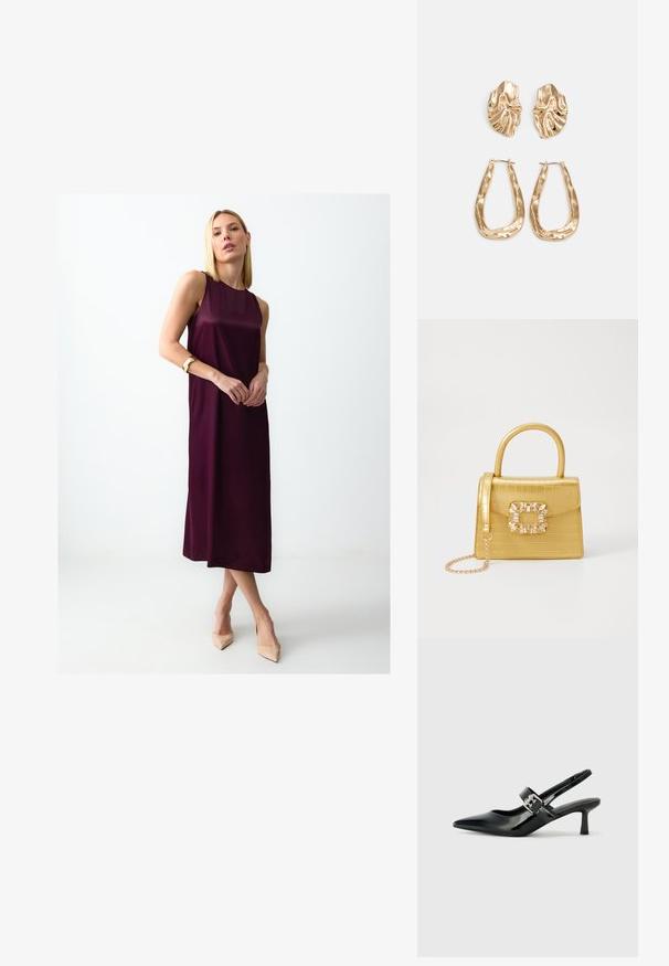 Robe sans manches bourgogne avec une silhouette droite, confectionnée en tissu lisse, présentant un ourlet au genou et un design minimaliste.; Escarpins slingback en cuir verni noir avec un bout pointu et un petit talon bloc, mettant en avant un accent en boucle argentée sur la sangle.; Sac à main en faux crocodile jaune avec un design structuré, une poignée supérieure, une bandoulière en chaîne amovible, et un ornement cristallin décoratif sur le fermoir.; Boucles d'oreilles dorées présentant des formes texturées et ondulées. Comprend des clips sculpturaux et un design de créoles ouvertes avec une finition martelée.