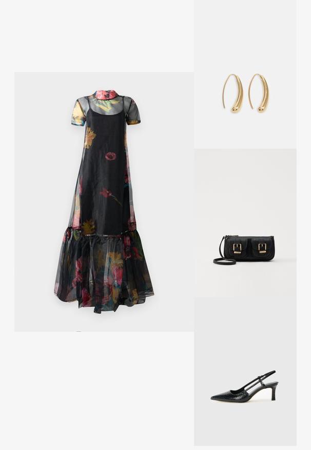 Svart blommig klänning med genomskinligt tyg, korta ärmar och utsvängd nederdel med volangdetaljer, prydd med färgglada blommönster.; Svart lackskin slingback-häl med spetsig tå, med texturerad ormskinnsprint, justerbar rem och en kort, texturerad blockklack.; Svart läderaxelväska med två framfickor, guldspännen, dragkedjestängning och en smal rem. Texturerad yta och kompakt rektangulär form.; Guldtonade metallörhängen i en kurvad, avlång form. Har en slät, glänsande yta och en rundad spets för en extra detalj.