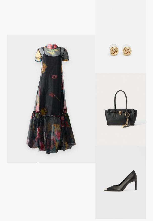 Fekete virágmintás ruha átlátszó anyagból, rövid ujjakkal és fodros, szélesített szegéllyel, színes virágmintákkal díszítve.; Fekete bőr magas sarkú cipő hegyes orral és fém ezüst orrtippel. Simább kivitelű, karcsú, 10 cm-es sarokkal.; Fekete bőr kézitáska dupla fogantyúkkal, aranyzárral és lánc részletekkel, fekete-fehér bojt kiegészítővel, fehér háttéren.; Arany színű csomó fülbevalók, csavart formával. Minden fülbevaló mögött egy kör alakú átlátszó támasz található a biztonságos viselés érdekében.