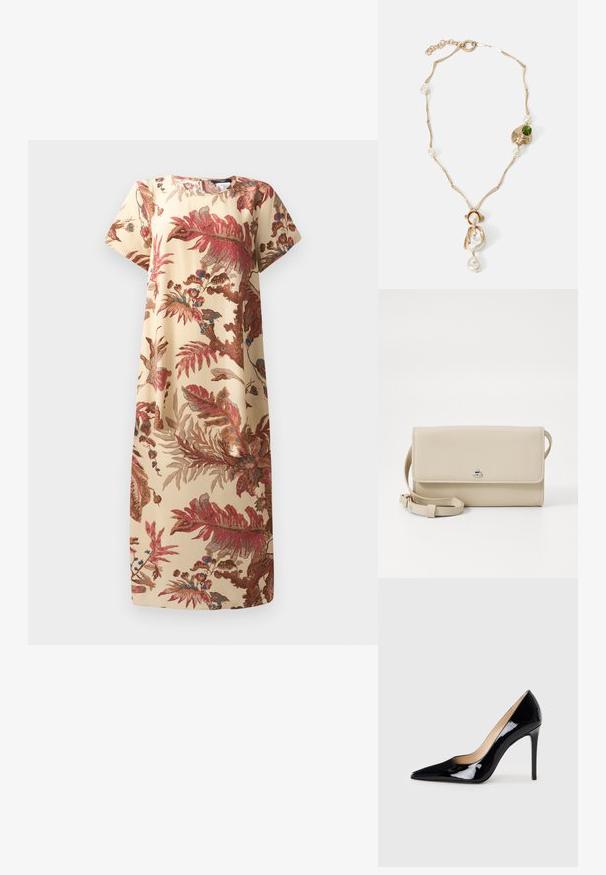 Robe fleurie beige avec des motifs botaniques rouges et bleus ; manches courtes, coupe décontractée, tissu doux, longueur genou, décolleté rond.; Escarpin noir en cuir verni avec un design à bout pointu et une silhouette élégante. Présente une finition lisse et brillante ainsi qu'un talon aiguille fin.; Sac à épaule en cuir beige avec un fermoir à rabat, quincaillerie en métal argenté et une bandoulière amovible. Texture lisse et forme rectangulaire simple.; Collier doré avec des maillons torsadés, perles blanches et une pierre verte en accent. Présente des détails raffinés et un fermoir pour la fermeture.