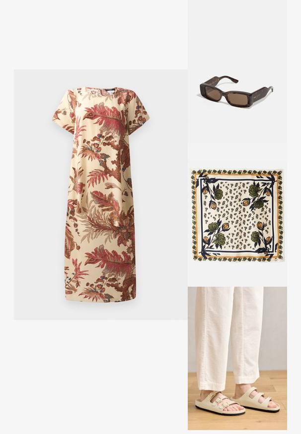 Kwiatowa sukienka w beżowym kolorze z czerwonymi i niebieskimi wzorami botanicznymi; krótkie rękawy, luźny krój, miękka tkanina, długość do kolan, okrągły dekolt.; Jasno-beżowe sandały z trzema regulowanymi paskami z metalowymi klamrami, wyściełaną wkładką oraz czarną gumową podeszwą.; Okulary przeciwsłoneczne Gucci z prostokątnymi brązowymi soczewkami, oprawą z akrylu w stylu żółwia oraz złotymi detalami logo na zausznikach.; Jedwabny szalik z kremowym tłem i kwiatowymi wzorami w odcieniach zieleni i pomarańczu. Otoczony wzorzystą ramką z zielonymi akcentami.
