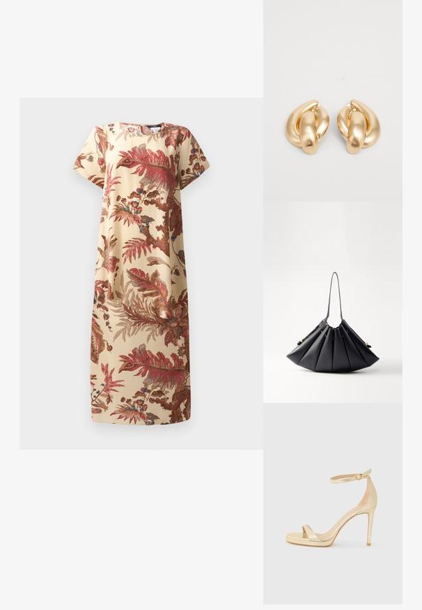 Blumenmusterkleid in Beige mit roten und blauen botanischen Mustern; kurze Ärmel, lockerer Schnitt, weicher Stoff, knielanger Schnitt, runder Ausschnitt.; Goldfarbene metallische High-Heel-Sandale mit offener Zehenpartie, Knöchelriemen mit Schnalle und einer Plattformsohle für zusätzliche Höhe. Glatte Textur.; Schwarze, gefaltete Handtasche aus glattem Leder, mit einem einzelnen Henkel, goldenen Akzenten und einer geometrisch strukturierten Form.; Goldfarbene Metallohrringe mit einem gedrehten Design, das eine glatte, glänzende Oberfläche und abgerundete Formen aufweist. Jeder misst ungefähr 5 cm.