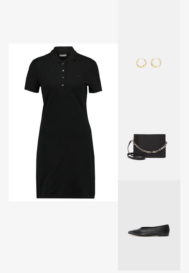 Must have lühikeste varrukatega polosärk, millel on kaelus, kolme nupuga avamine ja diskreetne logo rinnal. Valmistatud siledast, pehmest kangast.; Musthave mustris balletkingad, terav nina, minimaliseeritud disain, sile pind, madal konts, ilma nähtava riistvara või kaunistusteta.; Mustast nahast õlakott, mis omab siledat tekstuuri, ristküliku kuju ning esiküljel metallketi detaili. Reguleeritav rihm on kaasas.; Kuldsed rõngakujulised kõrvarõngad, millel on tekstuuriga ebaühtlane pind. Omavad kergesti kantavat disaini ja ringikujulist vormi, sobivad igapäevaseks kandmiseks.