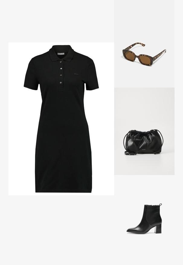 Vestido polo negro con manga corta, cuello, tapeta de tres botones y un sutil logotipo en el pecho. Fabricado en un tejido suave y liso.; Botín negro de cuero hasta el tobillo con punta redonda, tacón bloque de altura media y una tira en la parte trasera. Textura suave, diseño minimalista.; Gafas de sol de carey con un marco redondeado y robusto y lentes marrones. Presentan patrones sutiles y brazos rectos y cónicos.; Bolso de mano de cuero negro con diseño fruncido, cierre de doble cordón y correa de hombro desmontable. Presenta un detalle metálico del logo.