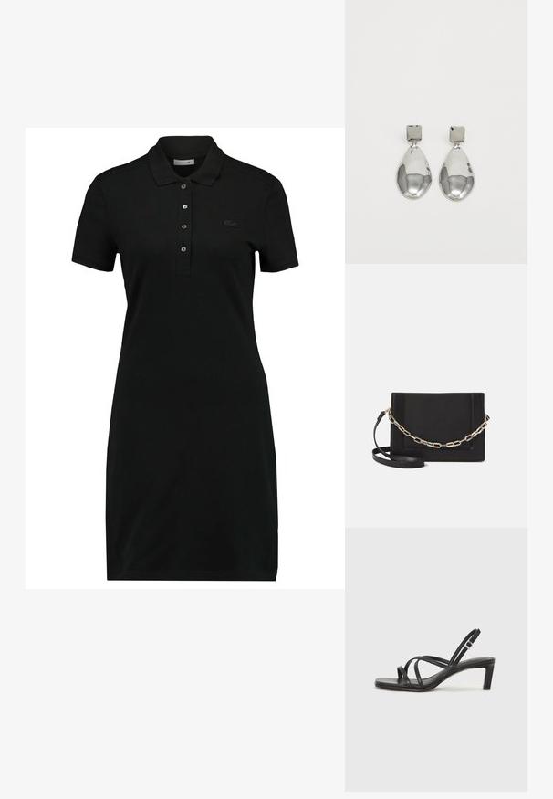 Vestido polo preto com mangas curtas, colarinho, pala com três botões e um logótipo subtil no peito. Feito de um tecido suave e macio.; Sandal de tiras pretas com biqueira quadrada e um pequeno salto bloco. Apresenta várias tiras finas e uma tira no tornozelo ajustável. Feito de couro liso.; Bolsa crossbody de couro preto com uma textura suave, forma retangular e um detalhe em corrente metálica na frente. Inclui uma alça ajustável.; Brincos de gota em prata com um pino quadrado, apresentando um acabamento liso e polido e uma forma de gota, refletindo a luz com uma superfície brilhante.