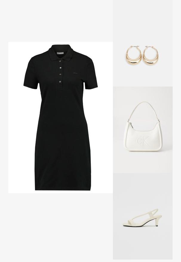 Čierne polo šaty s krátkymi rukávmi, golierom, zapínaním na tri gombíky a diskrétnym logom na hrudi. Vyrobené z hladkej, jemnej látky.; Béžové sandále na blokovom podpätku s tenkými pásikmi a štvorcovou špičkou. Hladký materiál s minimálnym detailovaním, navrhnuté pre ľahké nosenie.; Biela kožená kabelka s zakriveným tvarom, na prednej strane s embosovaným logom "CK" a jedným ramenným popruhom. Zipsové zapínanie navrchu.; Zlaté kruhové náušnice s polmesiacovým tvarom, lešteným povrchom a pántovým uzáverom. Hladká textura a reflexný lesk zvyšujú viditeľnosť.