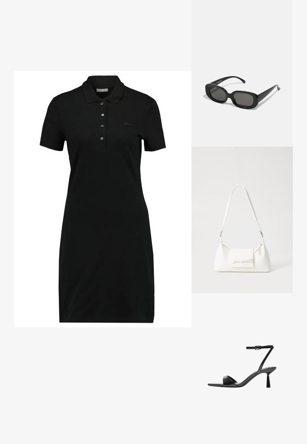 Rochie polo neagră cu mâneci scurte, guler, închidere cu trei nasturi și un logo subtil pe piept. Fabricată dintr-un material fin și moale.; Bershka Sandale cu toc - black; Ochelari de soare dreptunghiulari negri cu lentile întunecate. Ramă groasă din plastic, textură netedă și colțuri rotunjite. Temele elegante se extind în exterior.; Geantă sintetică albă, cu formă triangulară, capac frontal plat și detaliu cu fundă, curea ajustabilă, textură netedă și design minimalist.