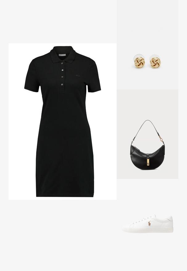 Rochie polo neagră cu mâneci scurte, guler, închidere cu trei nasturi și un logo subtil pe piept. Fabricată dintr-un material fin și moale.; Adidași din piele albă, design de tip low-top, cu o textură netedă, vârf rotund, față șiretată și un mic logo brodat pe lateral.; Geantă de piele neagră în formă de jumătate de lună. Dispune de un accent din metal auriu și o curea îngustă. Textură netedă, închidere cu fermoar în partea de sus.; Cercei cu tija aurie, cu un design răsucit. Fiecare cercel are un fundal circular transparent pentru o purtare sigură.