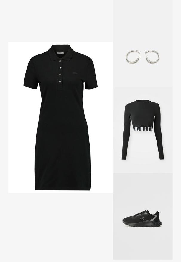Črna polo obleka s kratkimi rokavi, ovratnikom, trojnim gumbom in subtilnim logotipom na prsih. Narejena iz gladkega, mehkega materiala.; Črn dolg rokav prirezani zgornji del z visokim ovratnikom in belim logotipom "Calvin Klein" okoli pasu.; Črne nizke športne superge z zračnim mrežastim materialom, vezalkami, teksturiranim podplatom in logotipom "cK" na strani.; Srebrne okrogle uhane z gladkim, zaobljenim dizajnom in sijajno polirano končno obdelavo. Imajo minimalistično obliko z rahlo odprtino.