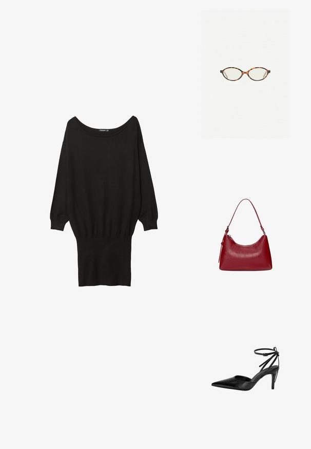 Black oversized sweater with a wide boat neckline, long sleeves, ribbed cuffs, and a fitted bottom hem, made from a soft, textured fabric.; Black pointed-toe high heel shoe with a cut-out design and adjustable ankle strap. The shoe has a smooth, shiny surface and slender heel.; Tortoiseshell eyeglasses with oval lenses and a sleek, smooth finish. Features thin sides with a subtle curve at the temples. Clear lenses.; Red leather shoulder bag with a curved design, smooth texture, and a zipper closure. It features a thin handle for carrying.