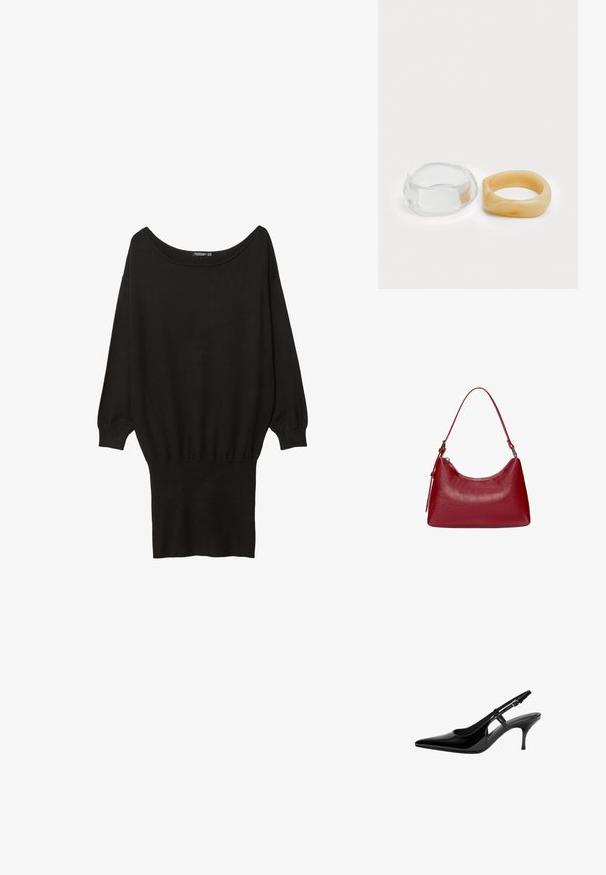 Pull noir oversize avec un large décolleté bateau, des manches longues, des poignets côtelés et un bas ajusté, fabriqué à partir d'un tissu doux et texturé.; Escarpin en vernis noir avec bout pointu, découpes latérales ouvertes, talon fin et bride réglable à la cheville.; Sac à épaule en cuir rouge avec un design courbé, texture lisse et fermeture éclair. Il dispose d'une fine anse pour le porter.; Bagues en résine claire et ambre, l'une lisse et transparente, l'autre avec une finition texturée en ambre. Les deux présentent des designs arrondis et épais.