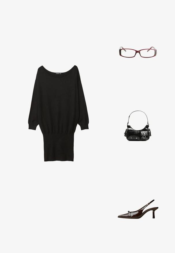 Sort oversized sweatshirt med bred bådudskæring, lange ærmer, ribkant ved håndleddene og en tætsiddende bundkant, lavet af et blødt, struktureret stof.; Brun patentlæder slingback sko med spids tå, lav hæl og en dekorativ sløjfe foran. Glat, skinnende tekstur.; Røde rektangulære briller med et sleekt design. Klare linser, let transparente stænger og en gradient-effekt fra rød til grå.; Sort patenteret læder håndtaske med en buet form, en skulderrem, frontlommer og hardware accenter i sølvfarve.