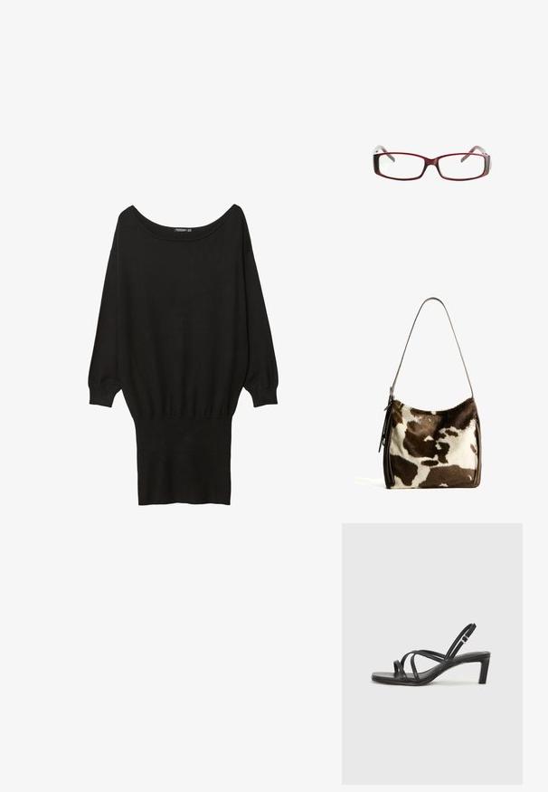 Black oversized sweater with a wide boat neckline, long sleeves, ribbed cuffs, and a fitted bottom hem, made from a soft, textured fabric.; Black strappy sandal with a square toe and a low block heel. Features multiple thin straps and an adjustable ankle strap. Made of smooth leather.; Red rectangular eyeglasses with a sleek design. Clear lenses, slightly translucent temples, and a gradient effect from red to gray.; Brown and cream cowhide shoulder bag with a smooth leather strap, zip closure, and a soft, textured surface featuring a natural pattern.