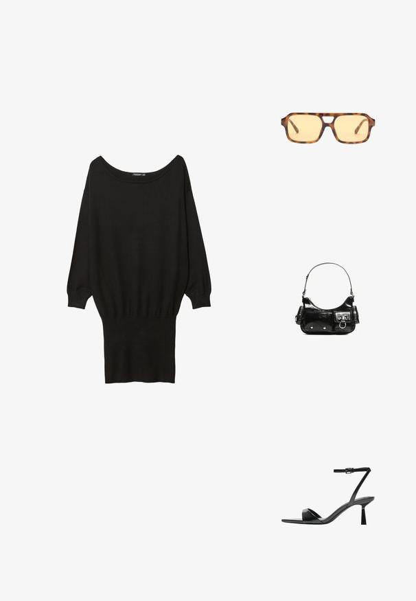 Black oversized sweater with a wide boat neckline, long sleeves, ribbed cuffs, and a fitted bottom hem, made from a soft, textured fabric.; Bershka High heeled sandals - black; Tortoiseshell sunglasses with yellow-tinted lenses, rectangular shape, and distinctive bridge cutout. Textured arms complete the design.; Black patent leather handbag with a curved shape, one shoulder strap, front pockets, and silver-tone hardware accents.