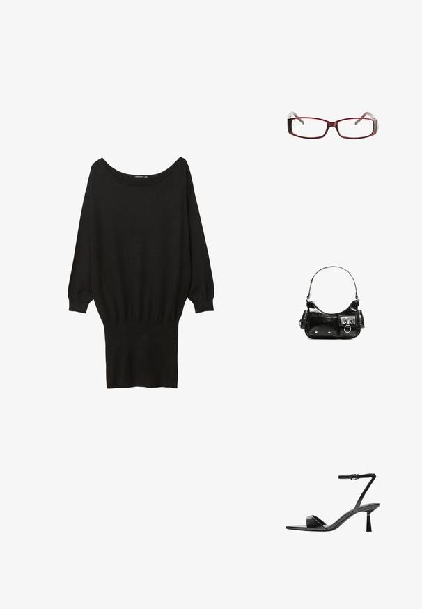 Sort oversized sweatshirt med bred bådudskæring, lange ærmer, ribkant ved håndleddene og en tætsiddende bundkant, lavet af et blødt, struktureret stof.; Bershka Højhælede sandaletter / Højhælede sandaler - black; Røde rektangulære briller med et sleekt design. Klare linser, let transparente stænger og en gradient-effekt fra rød til grå.; Sort patenteret læder håndtaske med en buet form, en skulderrem, frontlommer og hardware accenter i sølvfarve.