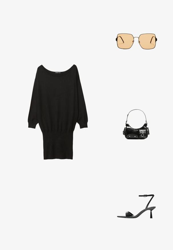 Czarny oversized sweter z szerokim dekoltem w łódkę, długimi rękawami, prążkowanymi mankietami i dopasowanym dolnym brzegiem, wykonany z miękkiego, teksturowanego materiału.; Bershka - Sandały na obcasie; Kwadratowe okulary przeciwsłoneczne z brązowymi soczewkami i cienką, czarną metalową oprawą. Posiadają skośne zauszniki i regulowane noski dla większego komfortu.; Czarna torebka z lakierowanej skóry o zaokrąglonym kształcie, z jednym paskiem na ramię, przednimi kieszeniami i akcentami w kolorze srebrnym.