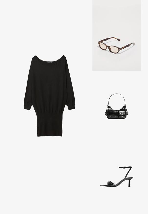 Schwarzer, oversized Pullover mit weitem Boot-Ausschnitt, langen Ärmeln, gerippten Bündchen und einem enganliegenden unteren Saum, hergestellt aus einem weichen, strukturierten Stoff.; Bershka High Heel Sandalette - black; Schildkrötenmuster Sonnenbrille mit runder Form und leichten Gläsern. Verfügt über stabile Bügel mit kleinen goldenen Akzenten, hergestellt aus Kunststoff.; Schwarze Lackleder-Handtasche mit geschwungenem Design, einem Schulterriemen, Vordertaschen und silberfarbenen Hardware-Akzenten.