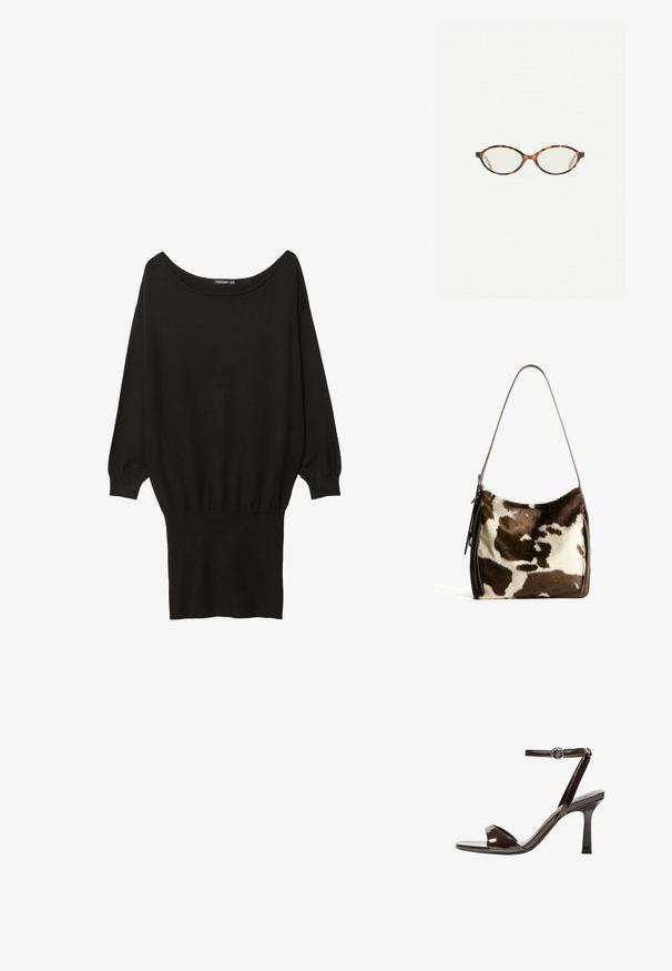 Maglione nero oversize con ampio scollo a barca, maniche lunghe, polsini a coste e orlo inferiore aderente, realizzato in un morbido tessuto testurizzato.; Sandalini con tacco alto in pelle verniciata marrone, con cinturino alla caviglia, punta aperta e un design elegante e minimalista. Presentano un tacco quadrato.; Occhiali in tartaruga con lenti ovali e una finitura liscia e elegante. Presentano aste sottili con una leggera curva alle tempie. Lenti trasparenti.; Borsa a spalla in pelle bovina marrone e crema con tracolla in pelle liscia, chiusura con zip e superficie morbida e testurizzata con un motivo naturale.