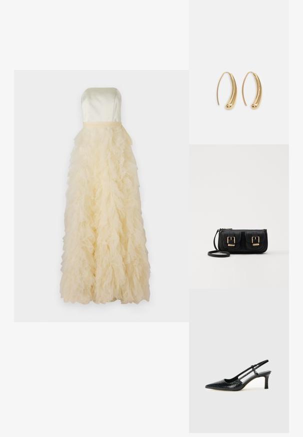 Rochie fără bretele din satin galben pal, având o fustă din tull plisată cu o textură în straturi, creând o siluetă plină și fluidă.; Pantofi cu toc slingback negri din patent, cu vârf ascuțit, cu imprimeu de șarpe texturat, curea ajustabilă și toc scurt texturat.; Geantă neagră din piele, tip crossbody, cu două buzunare frontale, catarame aurii, închidere cu fermoar și o curea subțire. Suprafață texturată și formă rectangulară compactă.; Cercei din metal auriu, cu un design curbat și alungit. Au o suprafață netedă și strălucitoare, cu un vârf rotunjit pentru un detaliu suplimentar.