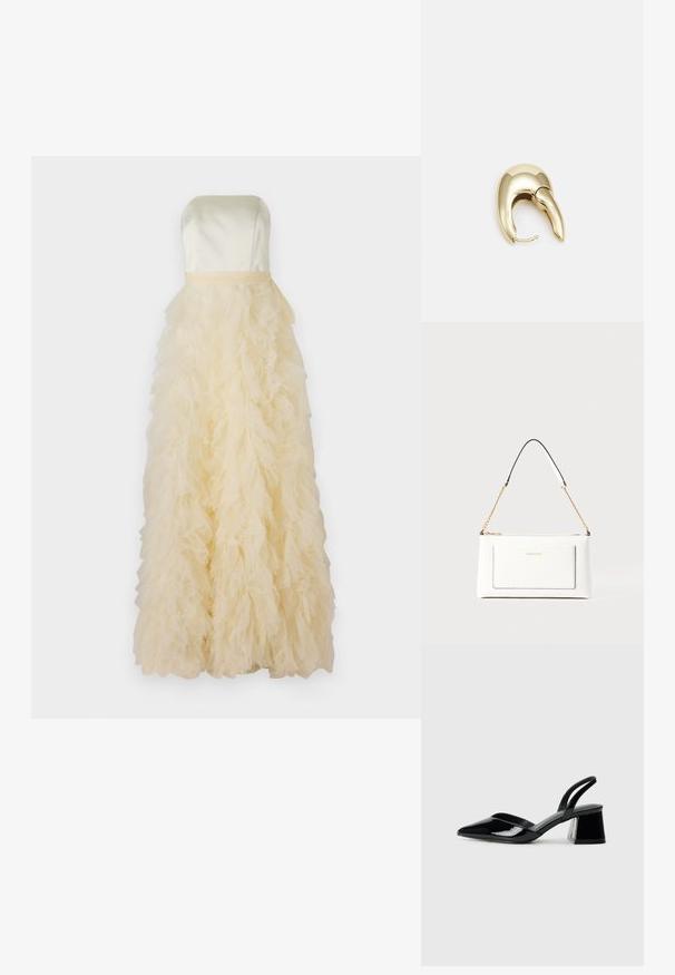Abito senza spalline in satin giallo pallido, con gonna in tulle arricciata a strati, che crea una silhouette ampia e fluida.; Décolleté in vernice nera con punta affusolata e tacco in geometria cubica. Presentano un design elegante e minimalista, con una texture liscia.; Borsa a tracolla bianca in pelle con un finish testurizzato, dotata di una tracolla in catena dorata e accenti neri. Include una tasca frontale e una chiusura con zip.; Orecchino in metallo color oro con un design elegante e curvo. Presenta una forma appuntita distintiva, superficie lucida e chiusura a cerniera.