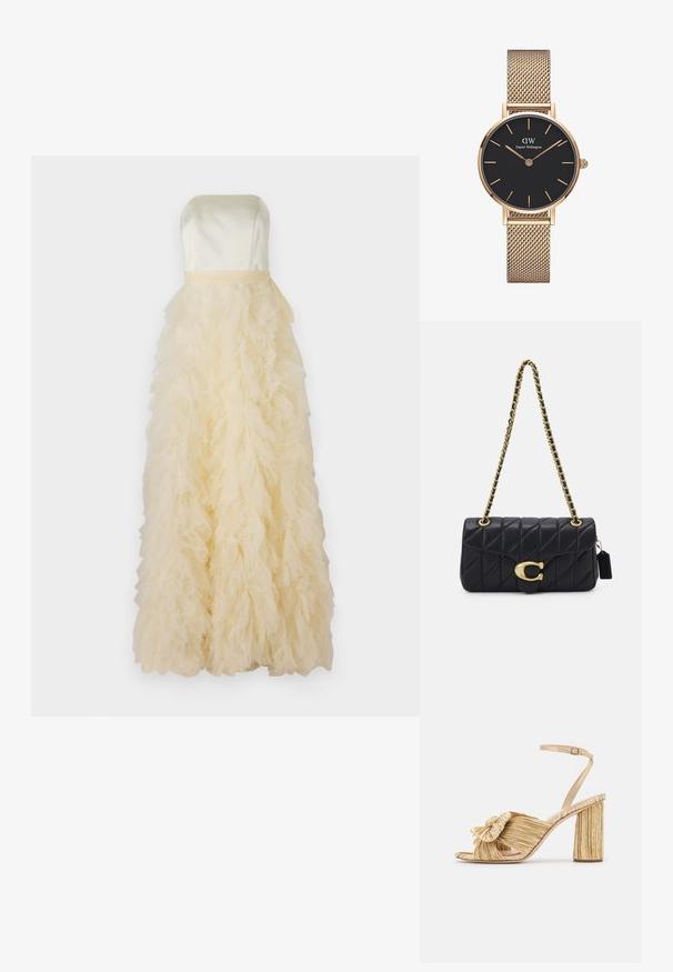 Strapless jurk in lichtgele satijn, met een gerimpelde tule rok met gelaagde textuur, die een volle, vloeiende silhoutte creëert.; Gouden sandalen met hakken, voorzien van een geknoopte voorkant, gegolfde textuur en een enkelriem. De blokhak heeft een ribbelontwerp, wat de grip verbetert.; Zwarte, gequiltte handtas met een gouden kettingband, uitgerust met een onderscheidende gouden sluiting en een klein label, die een gestructureerde leren oppervlakte toont.; Gouden mesh bandhorloge van Daniel Wellington met een ronde zwarte wijzerplaat, gouden uurmarkeringen en logo op 12 uur. Eenvoudig, elegant ontwerp.