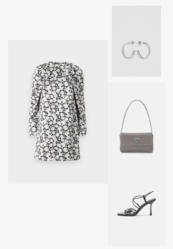 Ziedu raksta kleita ar baltām ziediem uz melna fona. Garas piedurknes, augsts kakls un sakrāta plecu detaļa. Pusgarš dizains.; Melnas augstpapēžu sandales ar plāniem siksniņām un mezgla dizainu, gluda kvadrātveida purngalu un elegantu stiletto papēdi.; Gaiši pelēka metāla rokassoma ar ķēdes siksnu, rotāta ar mazām apaļām metāla kniedēm un trīsstūra zīmola logo.; Sudraba riņķveida auskari ar gludu, spīdīgu apdari. Apaļas formas, viegla dizaina, ar aizdari uz stieples.