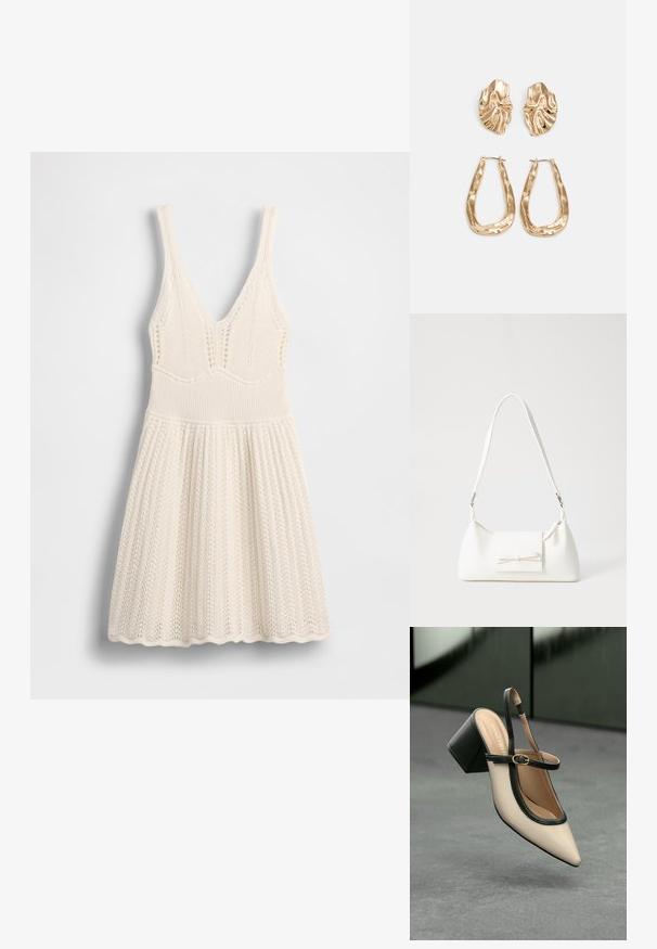 Stickad klänning i krämfärg med V-ringning, ribbad överdel och utsvängd kjol med vågig fåll och hålmönster över hela plagget.; Beige spetstoppad slingback-sko med svart kant, guldspänne och en kraftig blockklack på grått golv med mörkgrön bakgrund.; Vit syntetisk handväska med triangulär form, platt framklaff och rosettdetalj, justerbar rem, slät textur och minimalistisk design.; Örhängen i guldton med texturerade, vågiga former. Inkluderar skulpturala clip-on-stift och öppen hoop-design med hamrad finish.