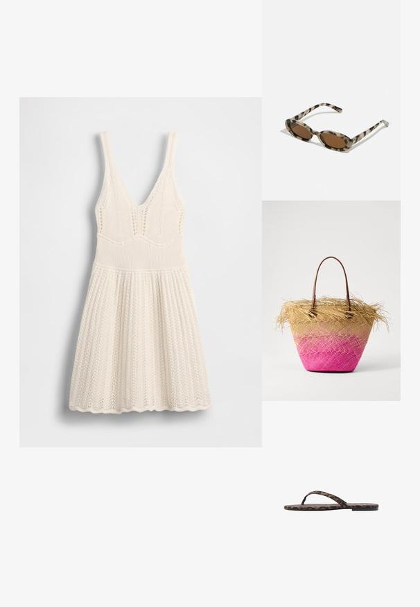 Pletena haljina u krem boji, s V-izrezom, rebrastim gornjim dijelom i širokom suknjom s valovitim rubom i prozirnim uzorkom na cijelom materijalu.; Sandale na japanke s uzorkom leoparda, ravnim đonom, tankim trakama i glatkom teksturom. Sadrže odvažne crne i smeđe uzorke na materijalu.; Naočale od kornjače s ovalnim lećama, smeškom nijansom i tankim uzorkovanim stranama. Lagani plastični materijal s suptilnim zlatnim akcentima.; Torba od pletene slame s smešnim kožnim ručkama, s gradijentom od smeđe do ružičaste i friziranim detaljem na vrhu. Teksturirana površina.; Srebrne hoop naušnice s redom prozirnih kamenčića i okruglim kristalnim privjeskom koji visi s svake. Polirani metal, elegantan dizajn.