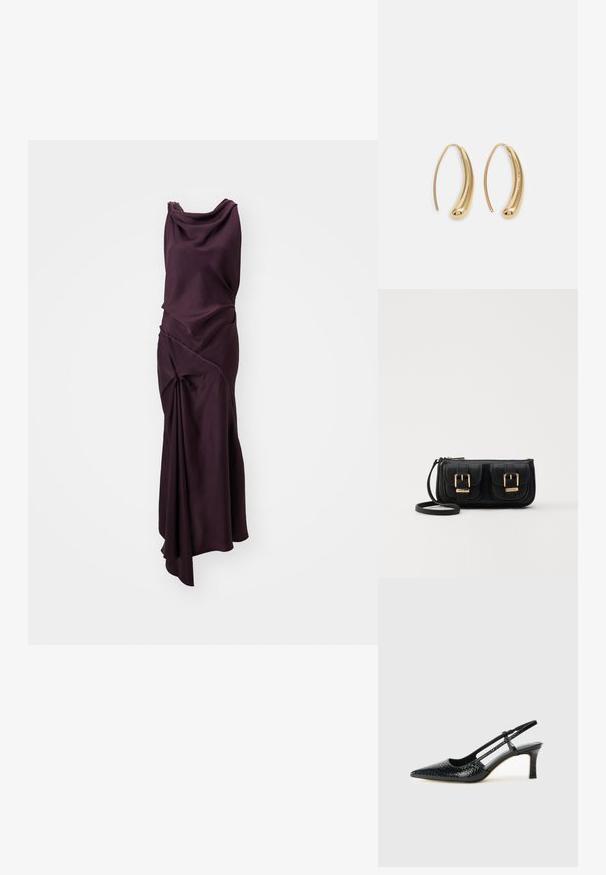 Dlouhé šaty bez rukávů v tmavě fialové barvě, vyrobené z hladké látky. Obsahují drapované a zkroucené detaily s asymetrickým spodním lemem.; Černé lakované slingback podpatky s špičatou špičkou, zdobené texturovaným hadím vzorem, nastavovacím páskem a krátkým texturovaným blokovým podpatkem.; Černá kožená crossbody taška se dvěma předními kapsami, zlatými přezkami, zipovým uzávěrem a štíhlým popruhem. Texturovaný povrch a kompaktní obdélníkový tvar.; Náušnice ve tvaru kruhu z pozlaceného kovu s vroubkovaným, prodlouženým tvarem. Mají hladký, lesklý povrch a zaoblený konec pro zvýraznění detailu.
