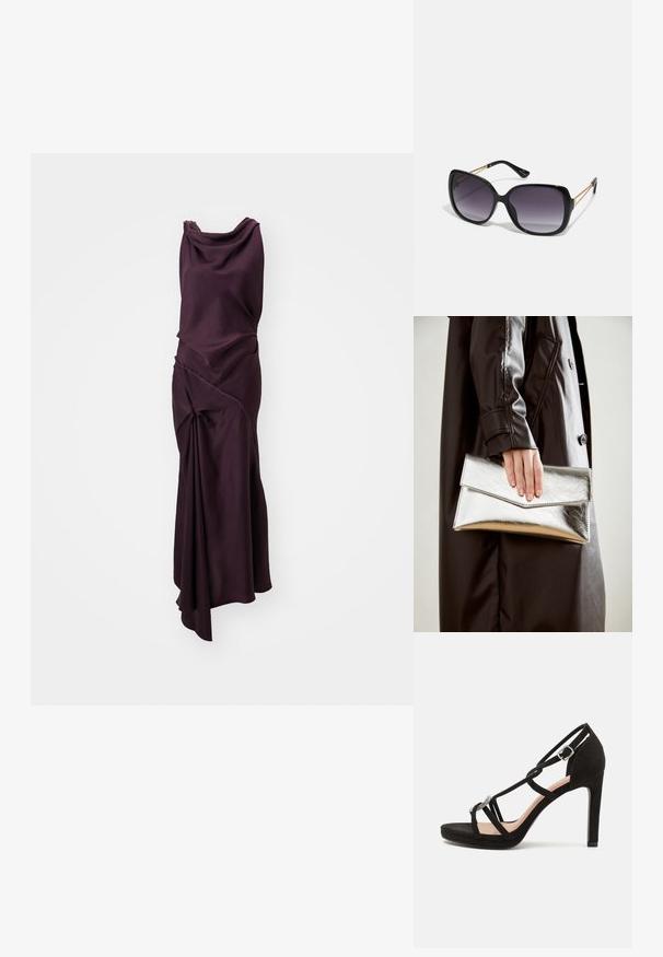 Lång, ärmlös klänning i djup lila, gjord av slätt tyg. Har draperade och vridna detaljer med asymmetrisk fåll.; Svart mocka högklackad sandal med korsade remmar, en dekorativ silverfärgad accent och en plattformssula för extra höjd.; Svarta överdimensionerade solglasögon med gradientlinser, tjocka bågar och kedjedetaljer i guldton vid tempelarmarna.; Silverfärgad metallisk kuvertväska med en vinkelrät design, slät textur och kontrasterande innervärd, hålls i en hand som bär en svart kappa.
