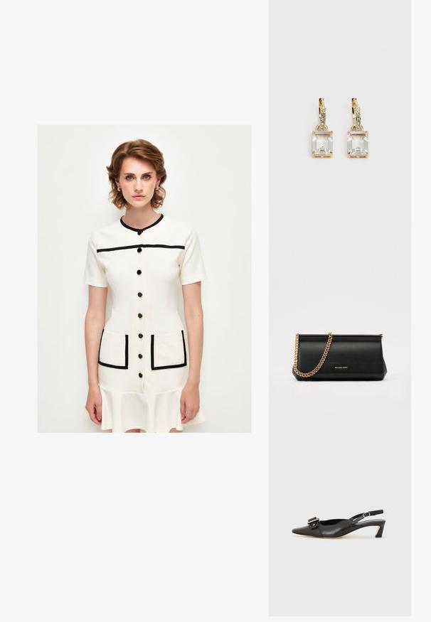 Gräddfärgad klänning med korta ärmar, rund halsringning, svarta detaljer, knäppning framtill och två påsydda fickor. Utställd fåll.; Svart lädersko med slingback, spetsig tå, liten klack och dekorativ spänndetalj på ovansidan. Slät struktur, minimalistisk design.; Svart läderclutch med en guldkedjesjal, med en slät yta, rektangulär form och präglad märkning på framsidan.; Guldtonade örhängen med en rektangulär, klar kristall som hänger under en rad av små, runda klara accenter. Snygg, modern design.