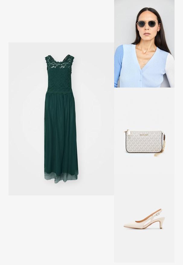 Grønn blonde- og chiffon-maxikjole med bølget utringning, ermeløs design og flytende skjørt. Ideell for formelle anledninger.; Hvit slingback-hel med spiss tå, glatt overmateriale, lav blokkhelt, og cut-out-design på siden med justerbar spenne.; Runde solbriller med mørke linser og guldrammer. Modellen har en lyseblå, ribbet cardigan med knapper og kontrast hvide ærmer på.; Michael Kors håndleddsveske i beige belagt kanvas med et gjentakende MK-logo mønster, gullfarget maskinvare og en avtakbar kjede-rem.