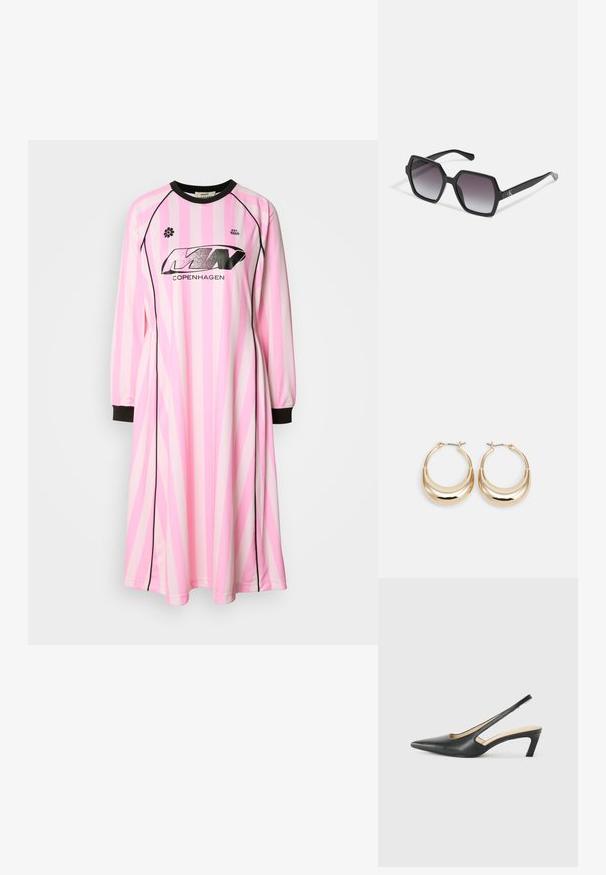 Langermet kjole i lys rosa med mørkere rosa og hvite vertikale striper, med svart rund halsutringning og svarte mansjetter. Logo vist på fronten.; Svart spiss tå slingback-sko med lav hæl, laget av jevnt skinnmateriale og med utskåret design på siden for pusteevne.; Svart sekskantede solbriller med gradientlinser, med en blank finish og subtil merkevareføring på stangen. Slitesterk plastkonstruksjon.; Gulltonede hoop-øreringen med en halvmåneform, polert overflate og hengsel-lukking. Glatt tekstur og reflekterende finish øker synligheten.