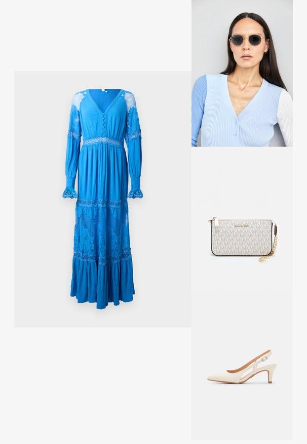 Lang blå kjole med dyp V-hals, knappedetaljer, blondedekorasjoner på ermene og lagdelt volangkant. Laget av lett, teksturert stoff.; Hvit slingback-hel med spiss tå, glatt overmateriale, lav blokkhelt, og cut-out-design på siden med justerbar spenne.; Runde solbriller med mørke linser og guldrammer. Modellen har en lyseblå, ribbet cardigan med knapper og kontrast hvide ærmer på.; Michael Kors håndleddsveske i beige belagt kanvas med et gjentakende MK-logo mønster, gullfarget maskinvare og en avtakbar kjede-rem.