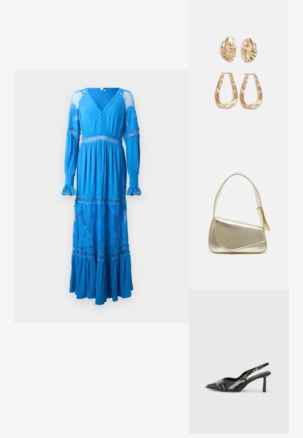 Dlouhé modré šaty s hlubokým V-výstřihem, detaily knoflíků, krajkovými akcenty na rukávech a vrstveným volánkovým lemem. Vyrobeno z lehkého, texturovaného materiálu.; Černá lakovaná slingback obuv s špičatou špičkou, kotníkovými pásky s kovovými sponami a příslušenstvím, a štíhlým podpatkem.; Zlatá metalická kabelka se strukturovaným designem, hladkým povrchem a nastavitelným popruhem. Disponuje unikátním trojúhelníkovým tvarem a minimalistickým prošitím.; Náušnice ve zlatém tónu s texturovanými, vlnitými tvary. Obsahují sochařské klipy a design otevřeného kruhu s kladivkovým povrchem.